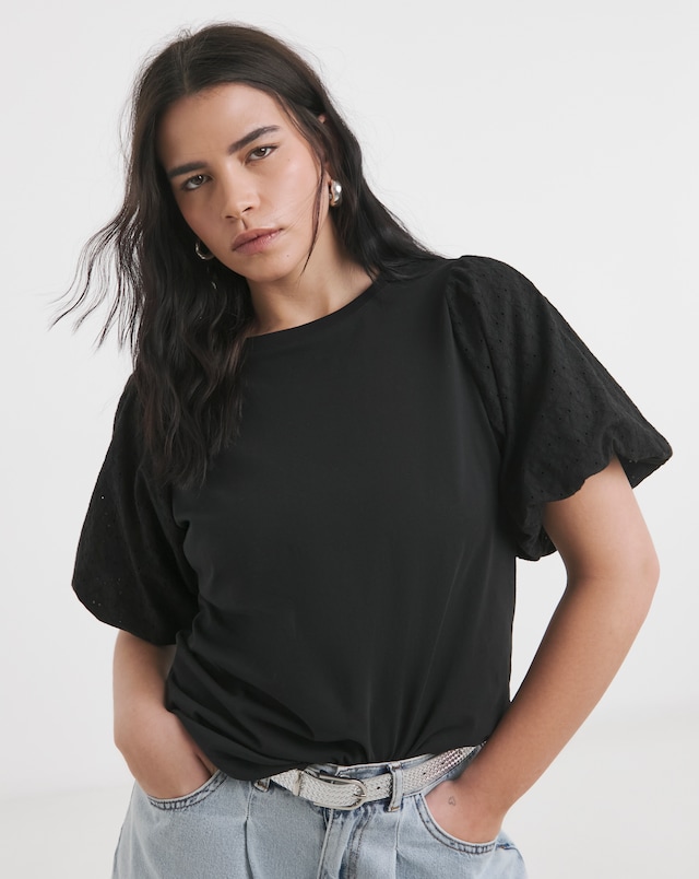 Simply Be Black Broderie Sleeve Crew Neck T-Shirt