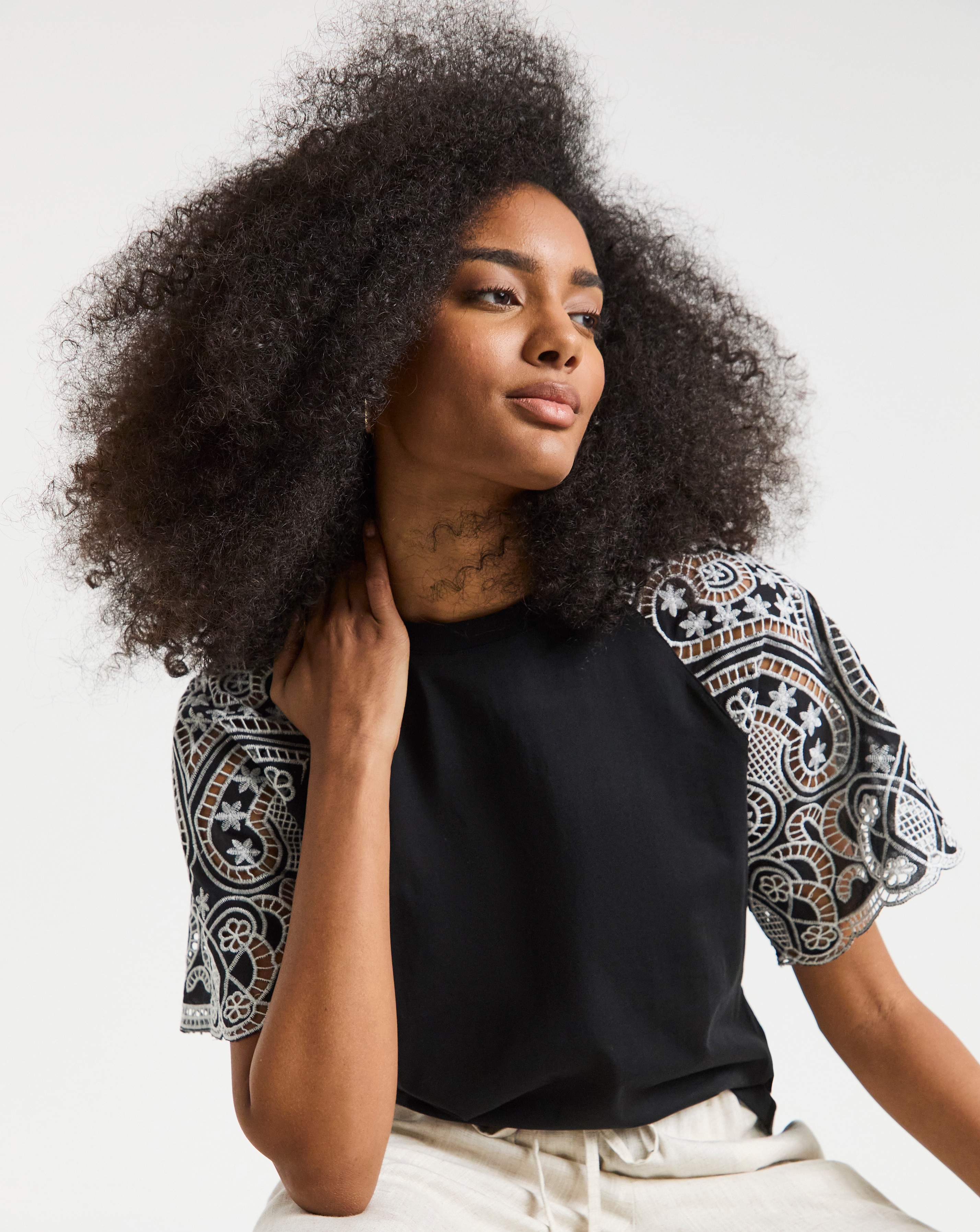 Contrast Broderie Raglan Sleeve T-Shirt