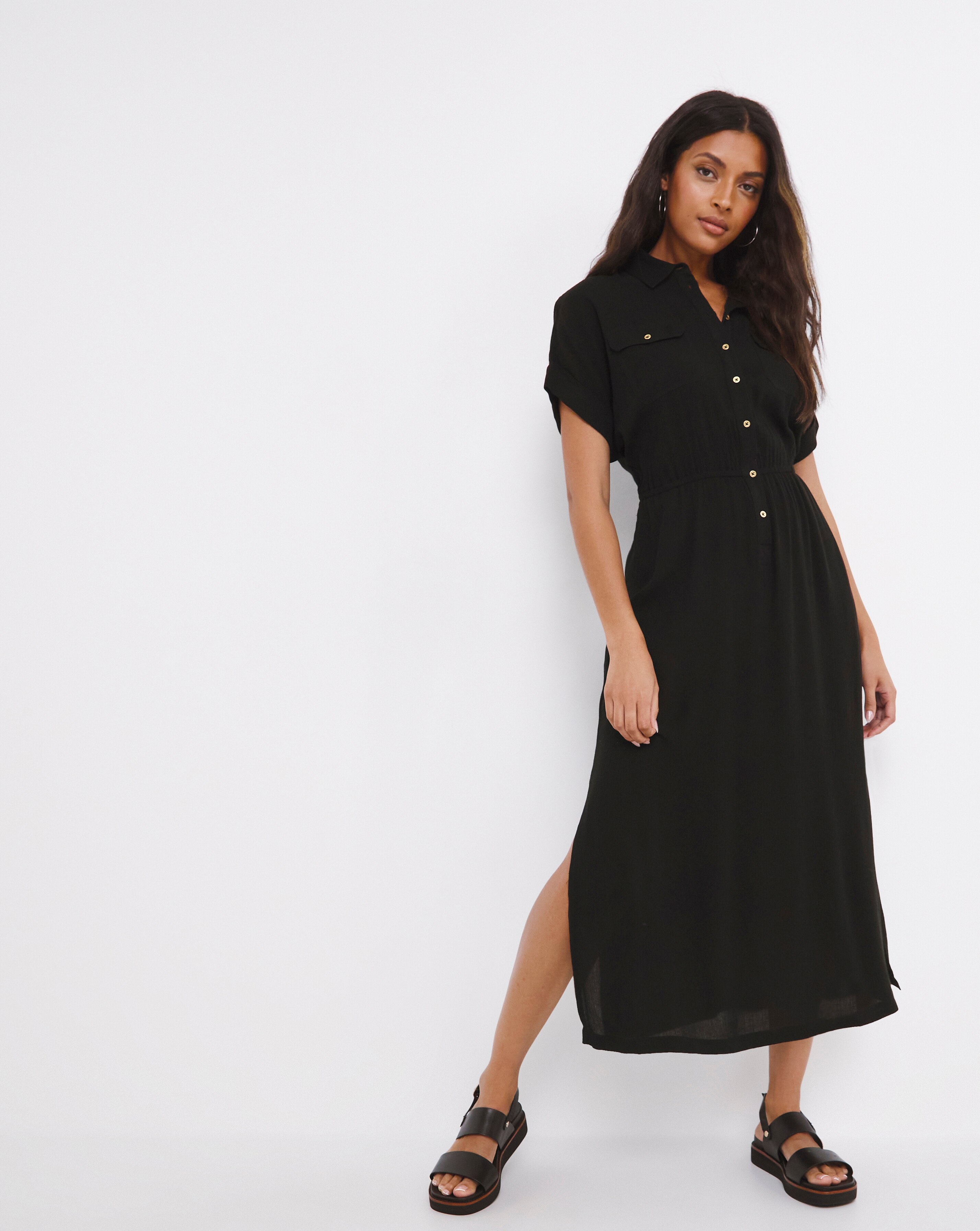 Black Crinkle Utility Shirt Dress