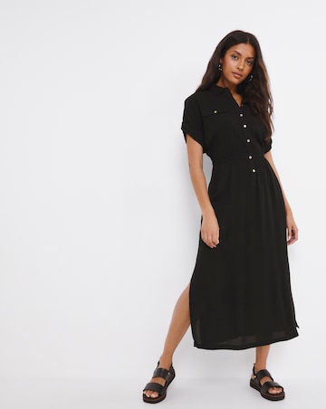 Black Crinkle Utility Shirt Dress