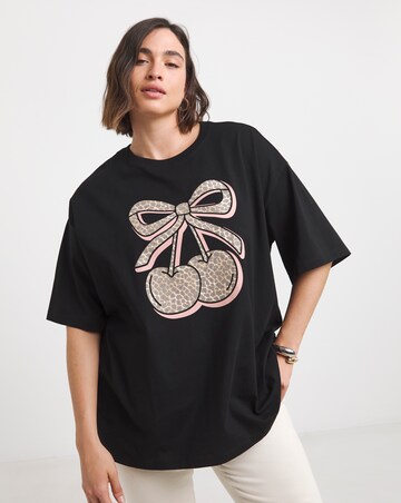 Simply Be Black Leopard Cherry Graphic T-Shirt