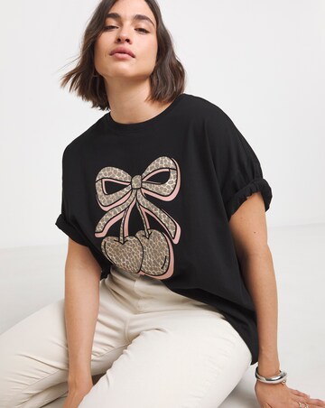 Simply Be Black Leopard Cherry Graphic T-Shirt