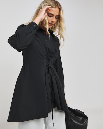 Black Dip Back Longline Adjustable Corset Shirt