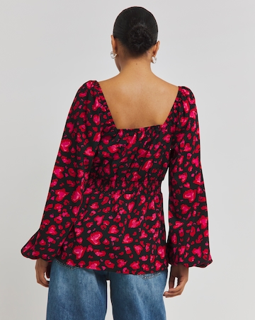 Pink Animal Print Square Neck Peplum Blouse With Elasticated Waist