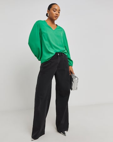 Green Long Sleeve Longline V Neck Boxy Top