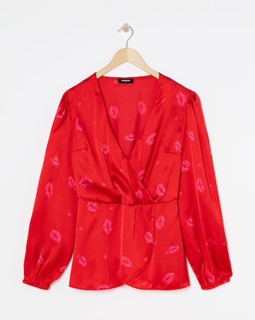 Pink Print Long Sleeve Satin Peplum Blouse