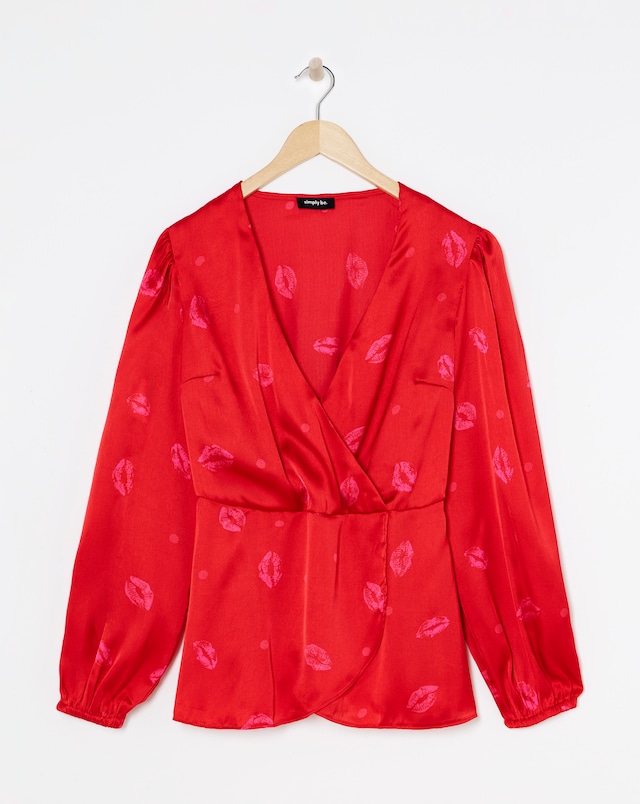 Pink Print Long Sleeve Satin Peplum Blouse