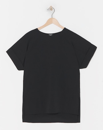 Black Roll Sleeve Dip Back Woven Boxy Blouse