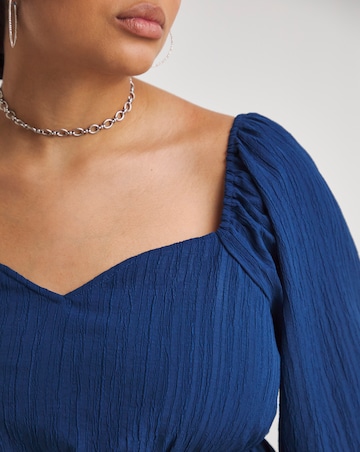 Navy Blue Textured Long Sleeve Sweetheart Neck Blouse