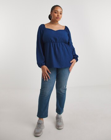 Navy Blue Textured Long Sleeve Sweetheart Neck Blouse