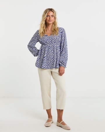 Checkerboard Long Sleeve V Neck Smock Top