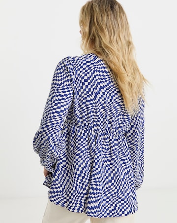 Checkerboard Long Sleeve V Neck Smock Top