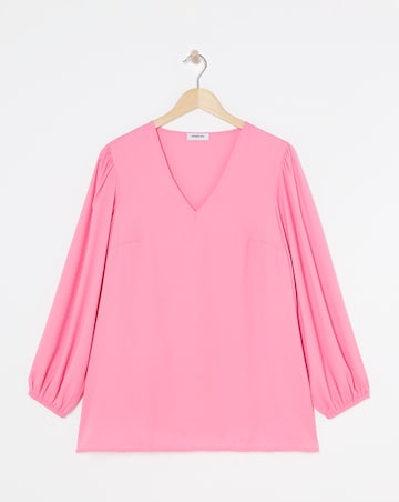 Pink Long Sleeve V Neck Woven Boxy Blouse
