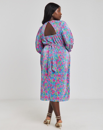 Floral Print Cut Out Back Plisse Midi Dress