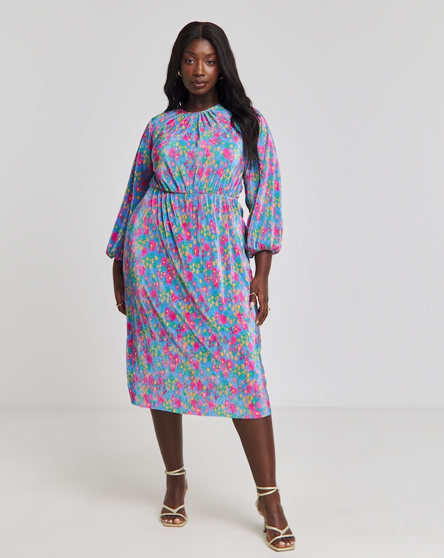 Floral Print Cut Out Back Plisse Midi Dress