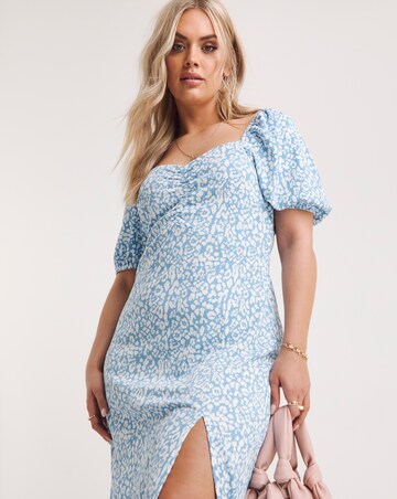 Blue Print Ruched Front Waffle Midi Dress With Side Split
