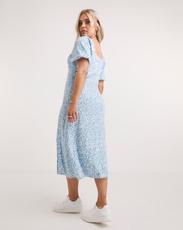 Blue Print Ruched Front Waffle Midi Dress With Side Split