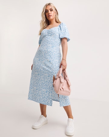 Blue Print Ruched Front Waffle Midi Dress With Side Split