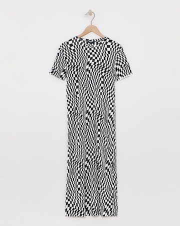 Checkerboard Print Plisse T-Shirt Midi Dress