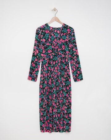 Floral Print Twist Front Plisse Midi Dress