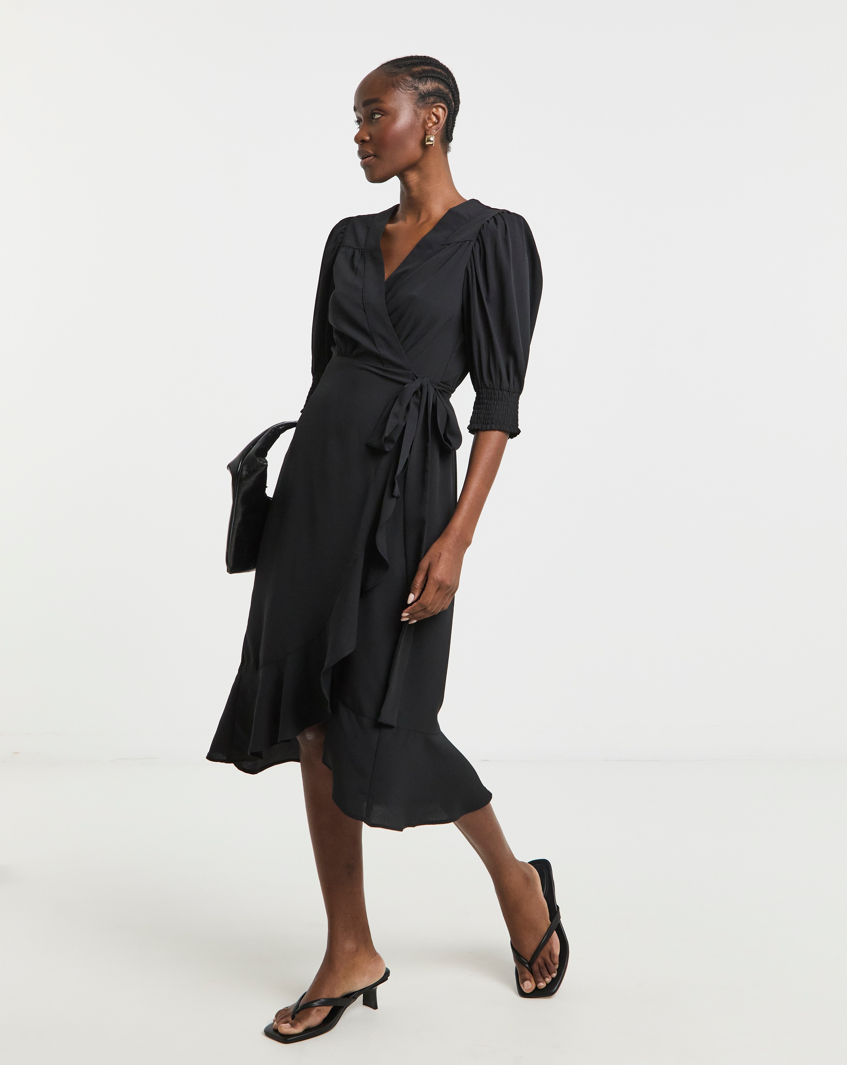 Ruffle Front Wrap Midi Dress