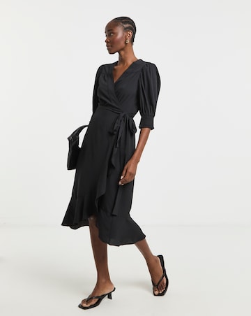 Black Ruffled Front Wrap Midi Dress