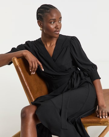 Black Ruffled Front Wrap Midi Dress