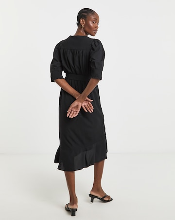 Black Ruffled Front Wrap Midi Dress
