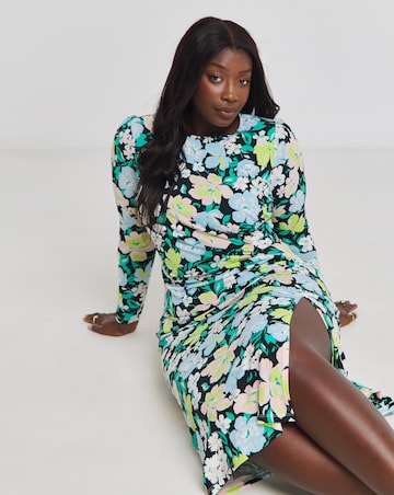 Floral Print Ruched Front Midi Dress