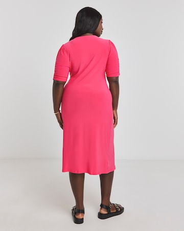 Pink Ruched Sleeve Midi Dress