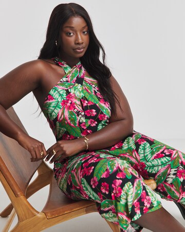 Tropical Floral Print Halter Neck Jumpsuit