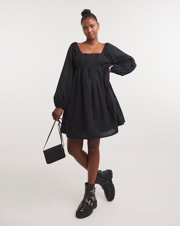 Sqaure Neck Poplin Smock Dress with Trim Detailing