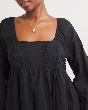 Sqaure Neck Poplin Smock Dress with Trim Detailing