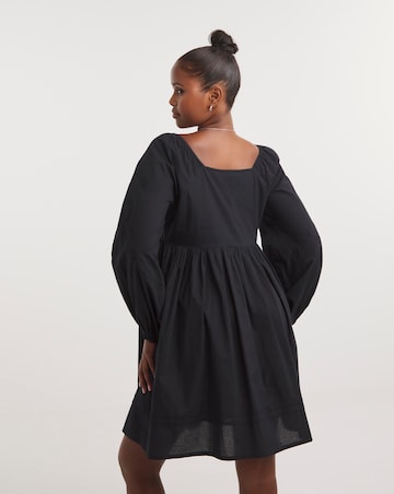 Sqaure Neck Poplin Smock Dress with Trim Detailing