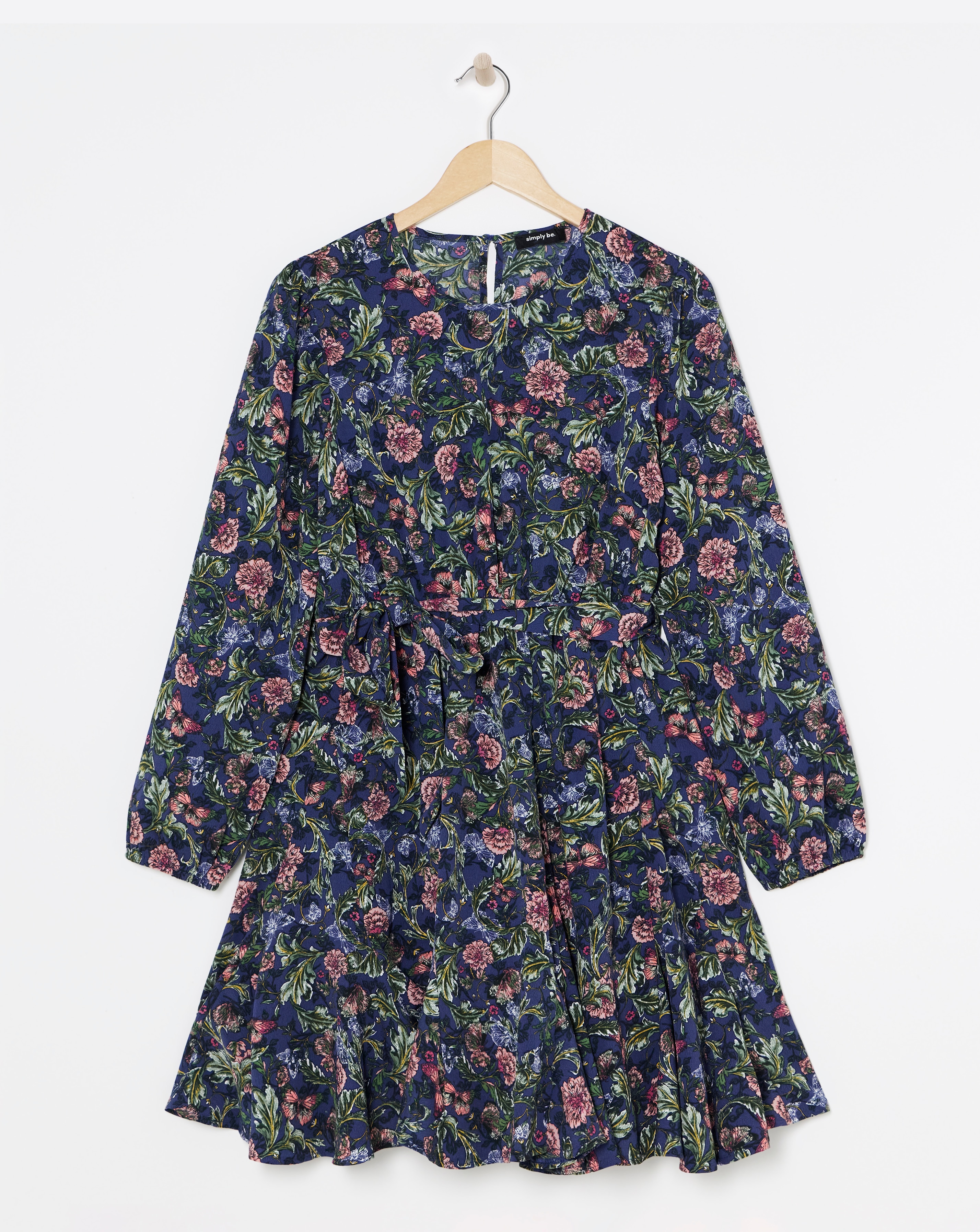 Blue Floral Printed Belted Skater Dress