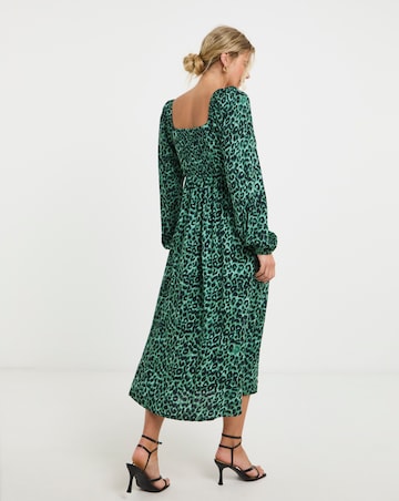 Green Animal Print Corset Detail Midi Dress
