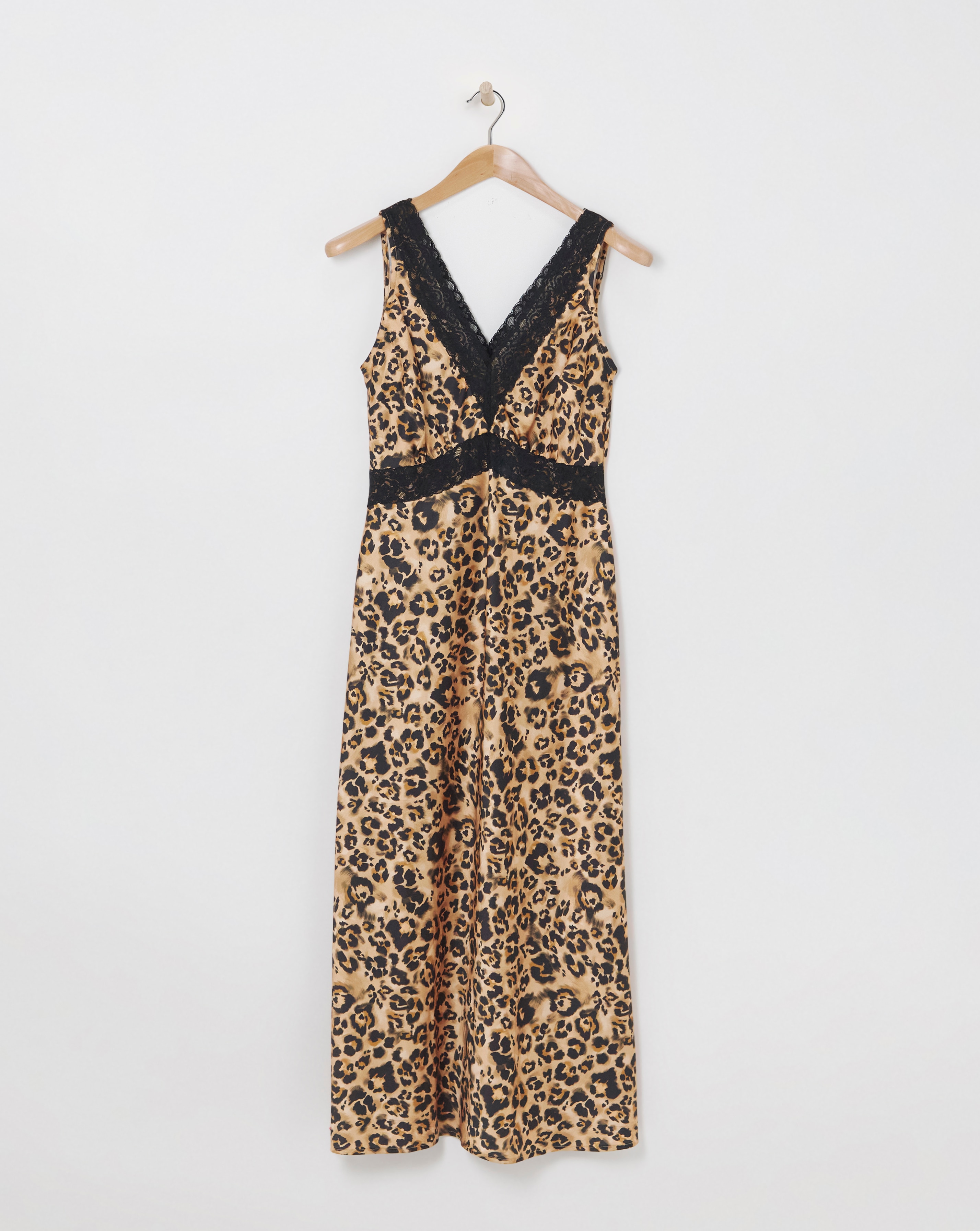 Leopard Print Lace Trim Satin Slip Dress