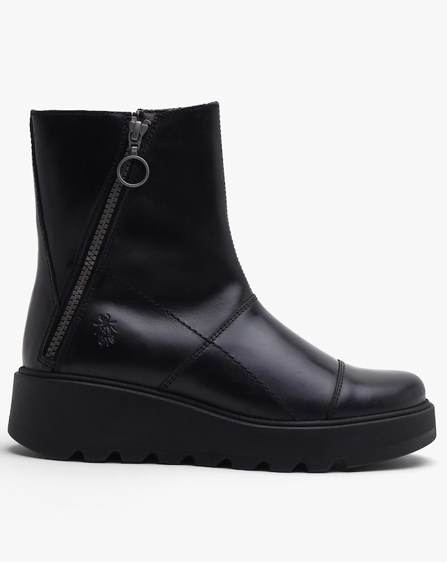 Fly London Tarp Black Leather Low Wedge Ankle Boots Standard Fit