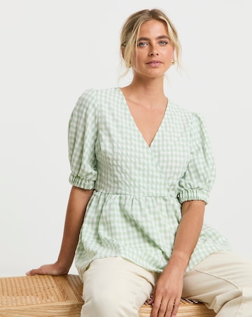 Puff Sleeve Sage Gingham Wrap Top