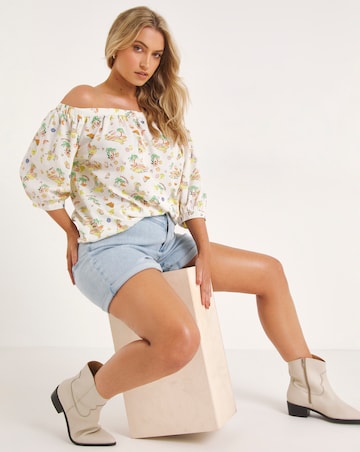 Holiday Print Puff Sleeve Bardot Top