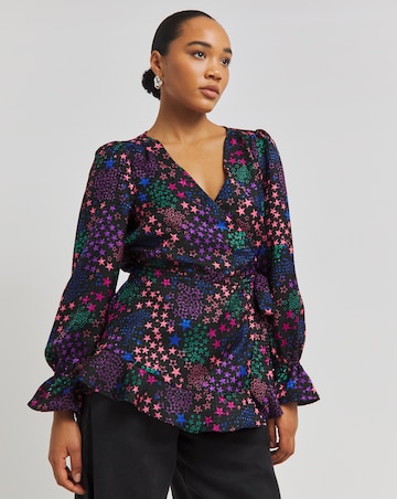 Star Jacquard Wrap Blouse with Frill Cuffs