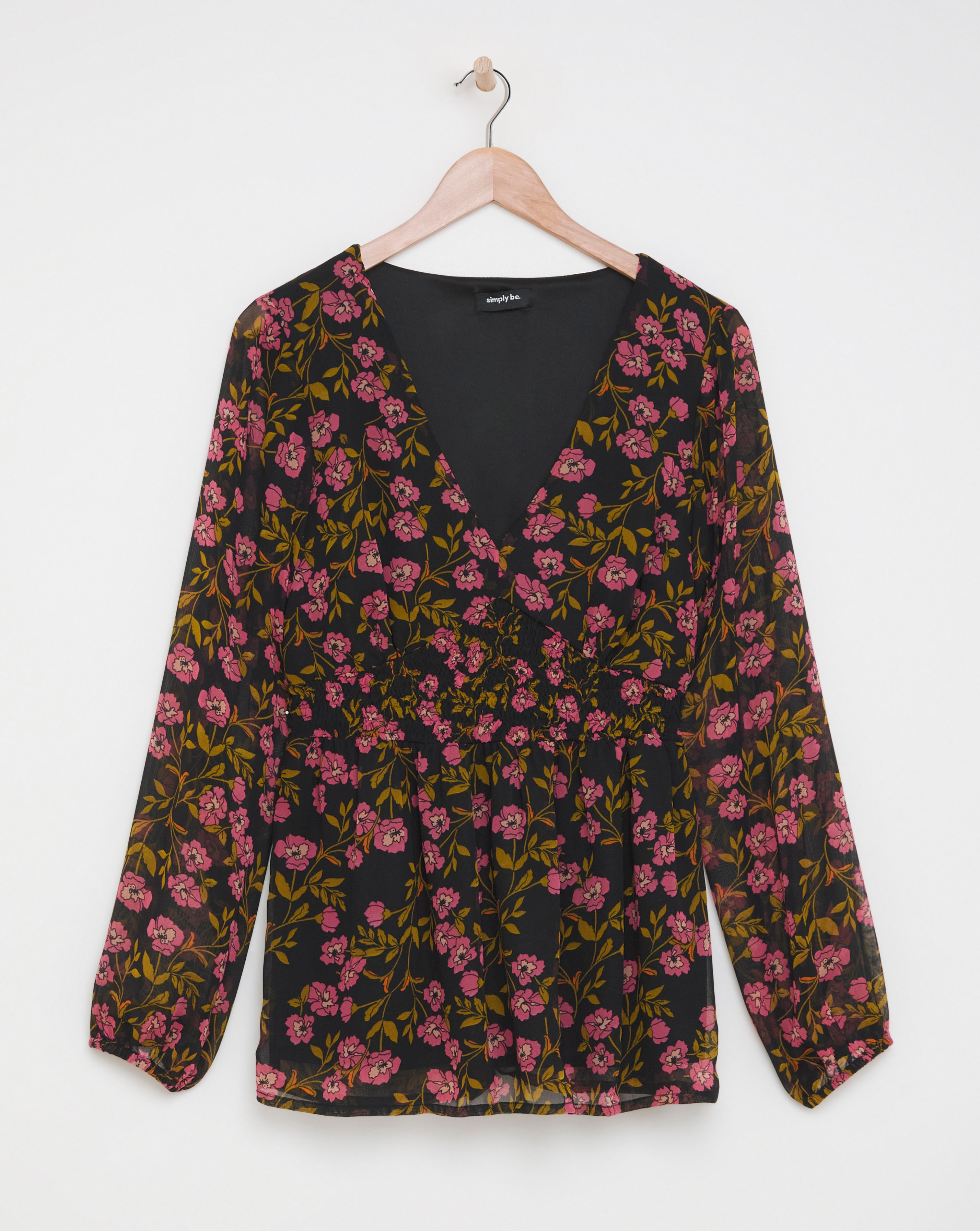 Black Floral Print V Neck Shirred Blouse