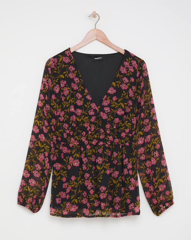 Black Floral Print V Neck Shirred Waist Long Sleeve Blouse