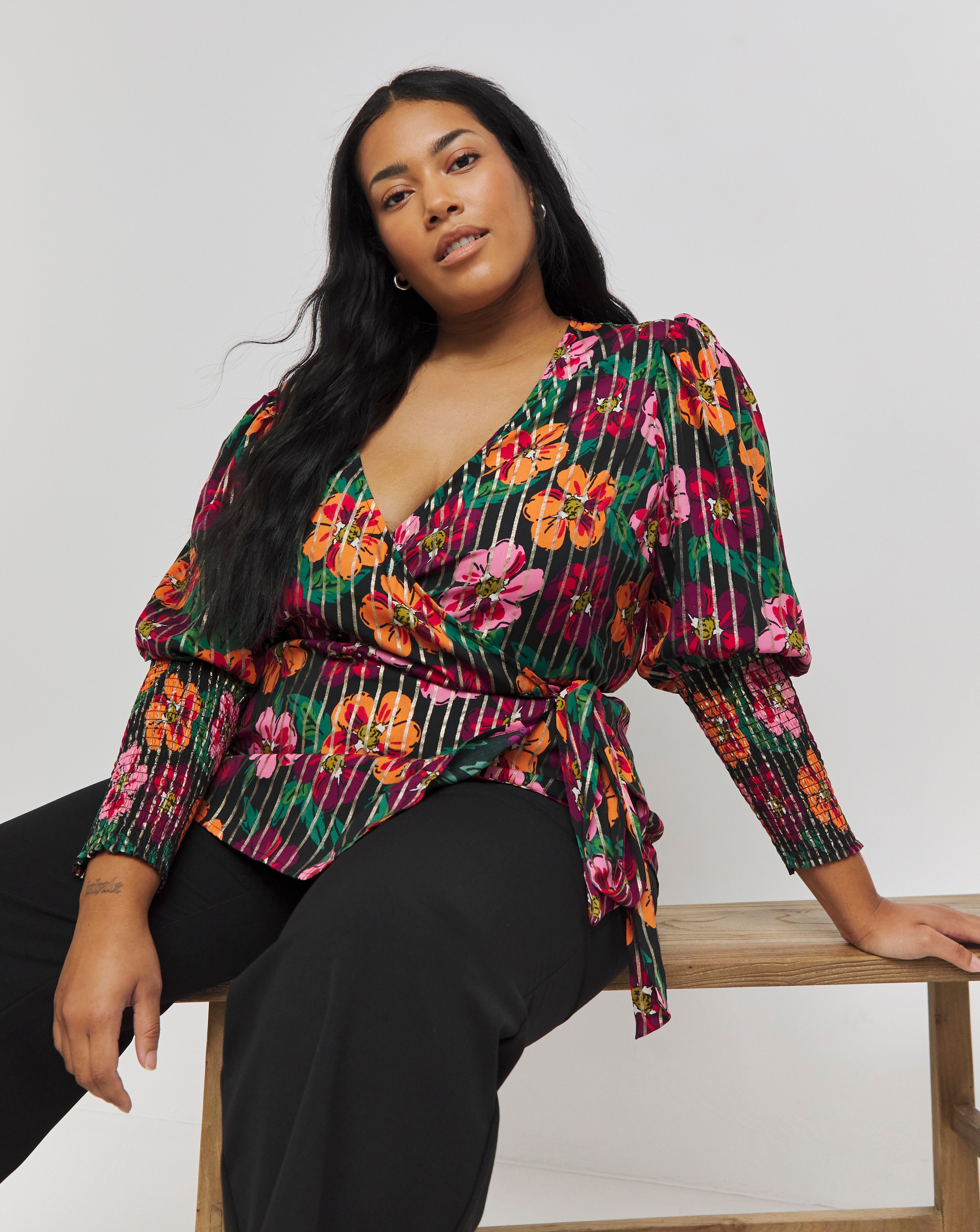 Lurex Stripe Printed Wrap Top