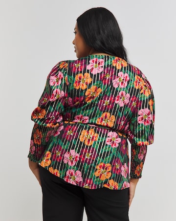 Lurex Stripe Printed Wrap Top with Puff Sleeves and Shirred Cuffs