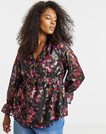 Foil Black Floral Print V Neck Blouse with Elasticated Waist