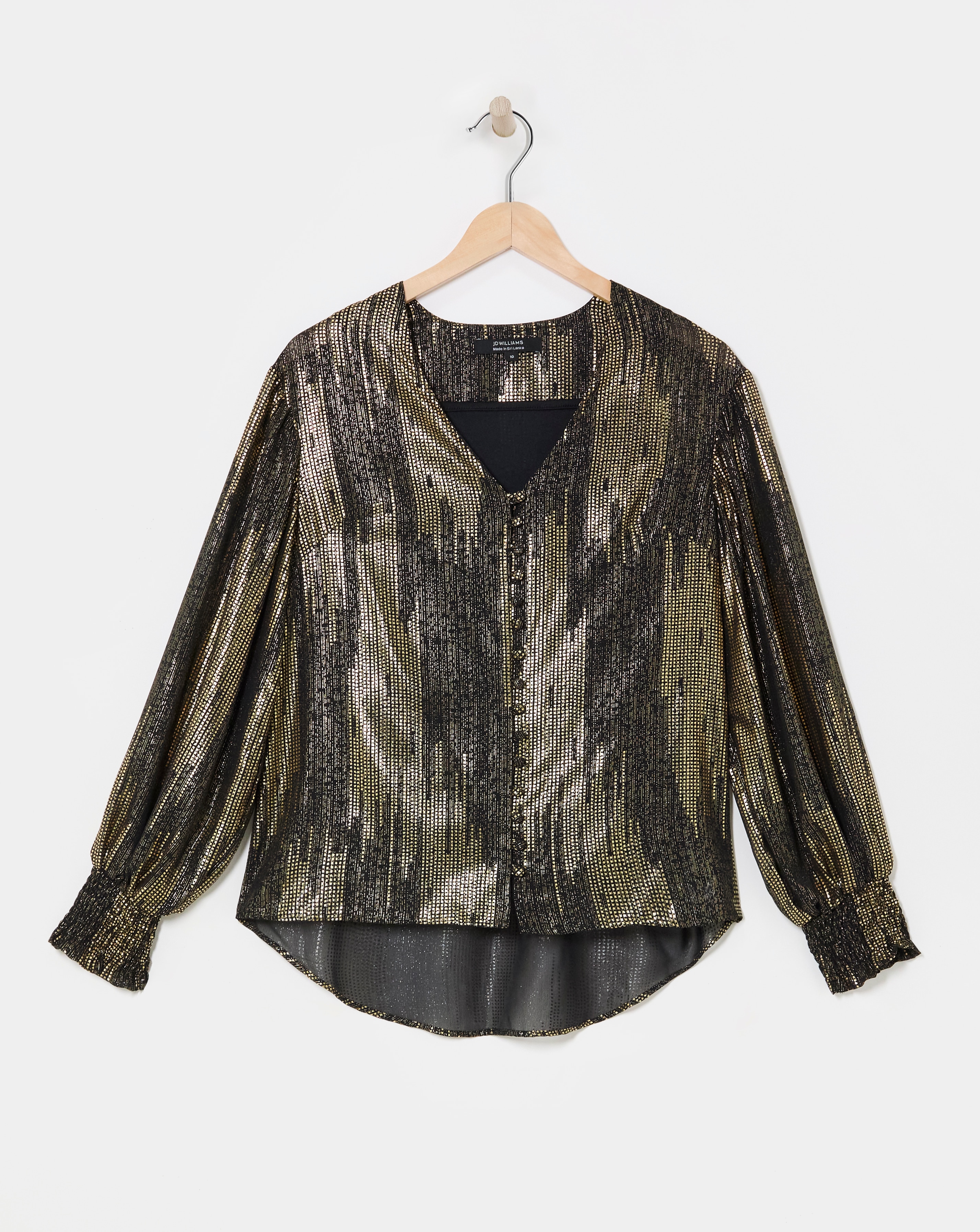 Metallic Button Through Dip Back Blouse