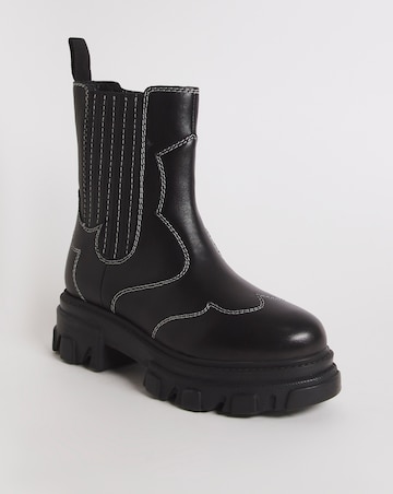 Hali Leather Embroidered Chunky Ankle Boots - Wide Fit (E)