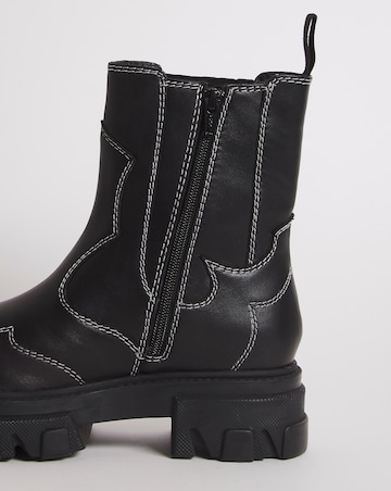 Hali Leather Embroidered Chunky Ankle Boots - Wide Fit (E)