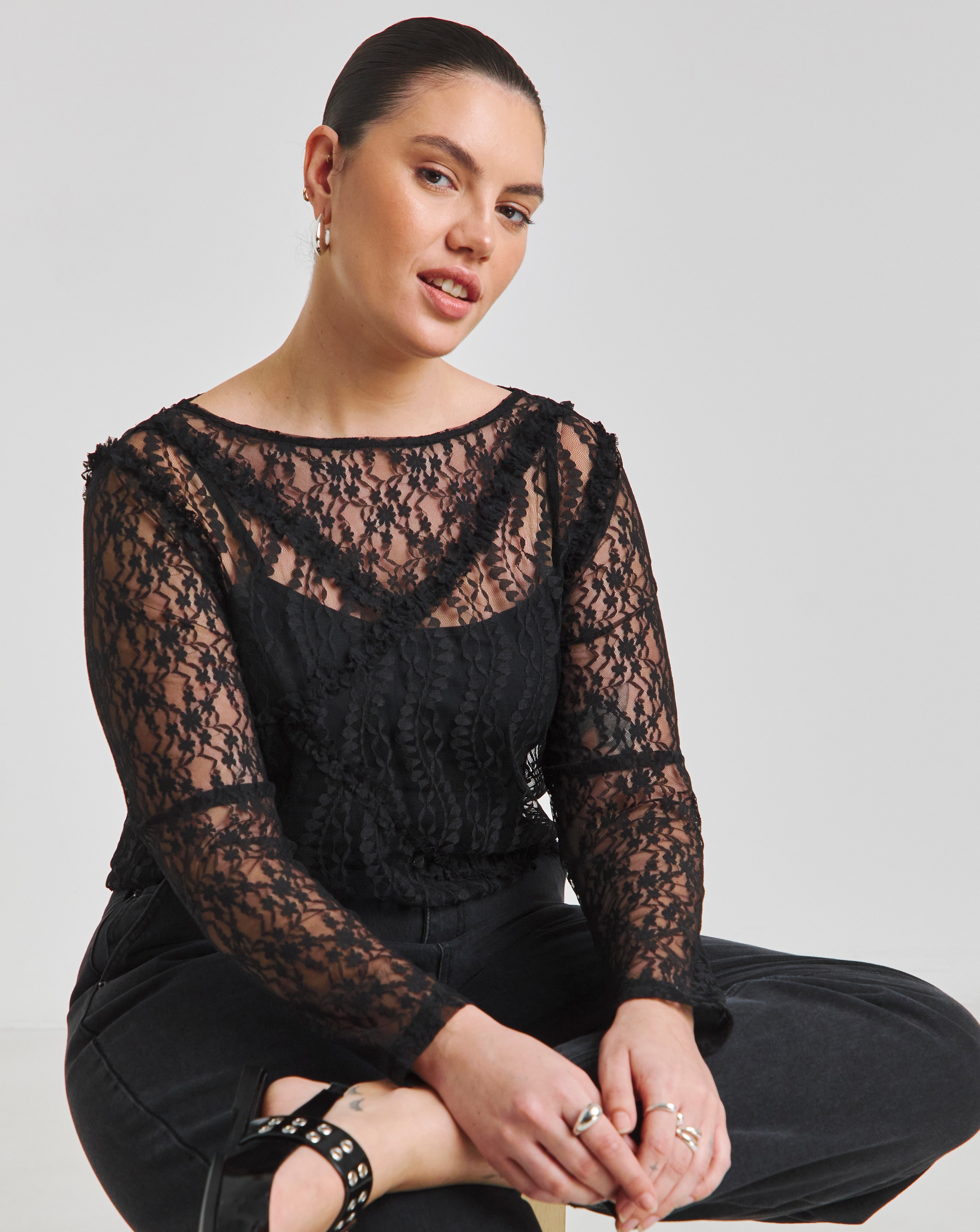 Simply Be Lace & Mesh Ruffle Top